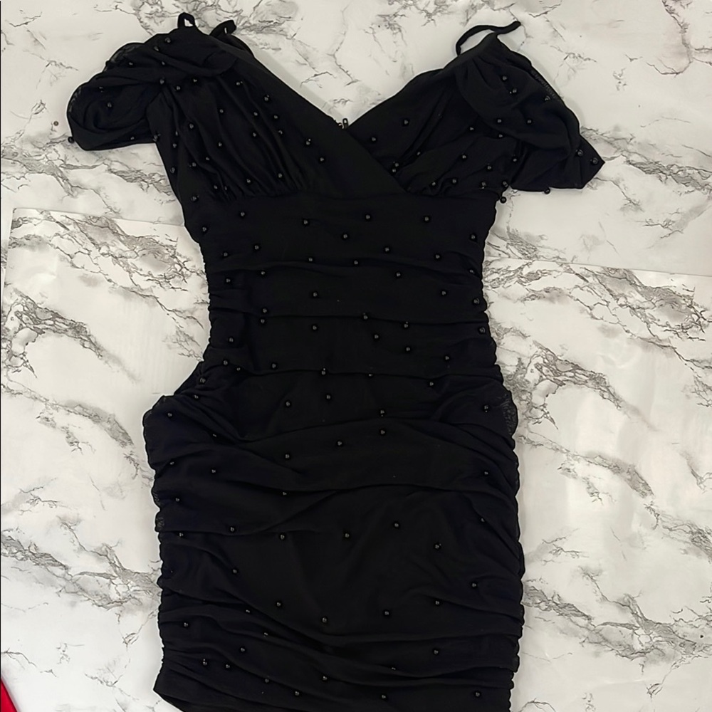 Windsor Black Asymmetrical Ruched Bodycon Mini Dress